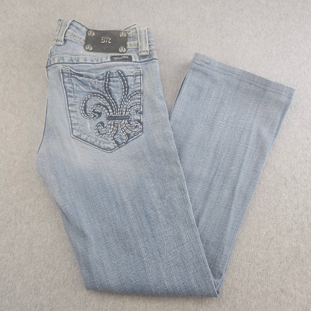 MISS ME Bootcut Jeans Women 29 Light Blue Distressed Fleur De Lis Y2K Western